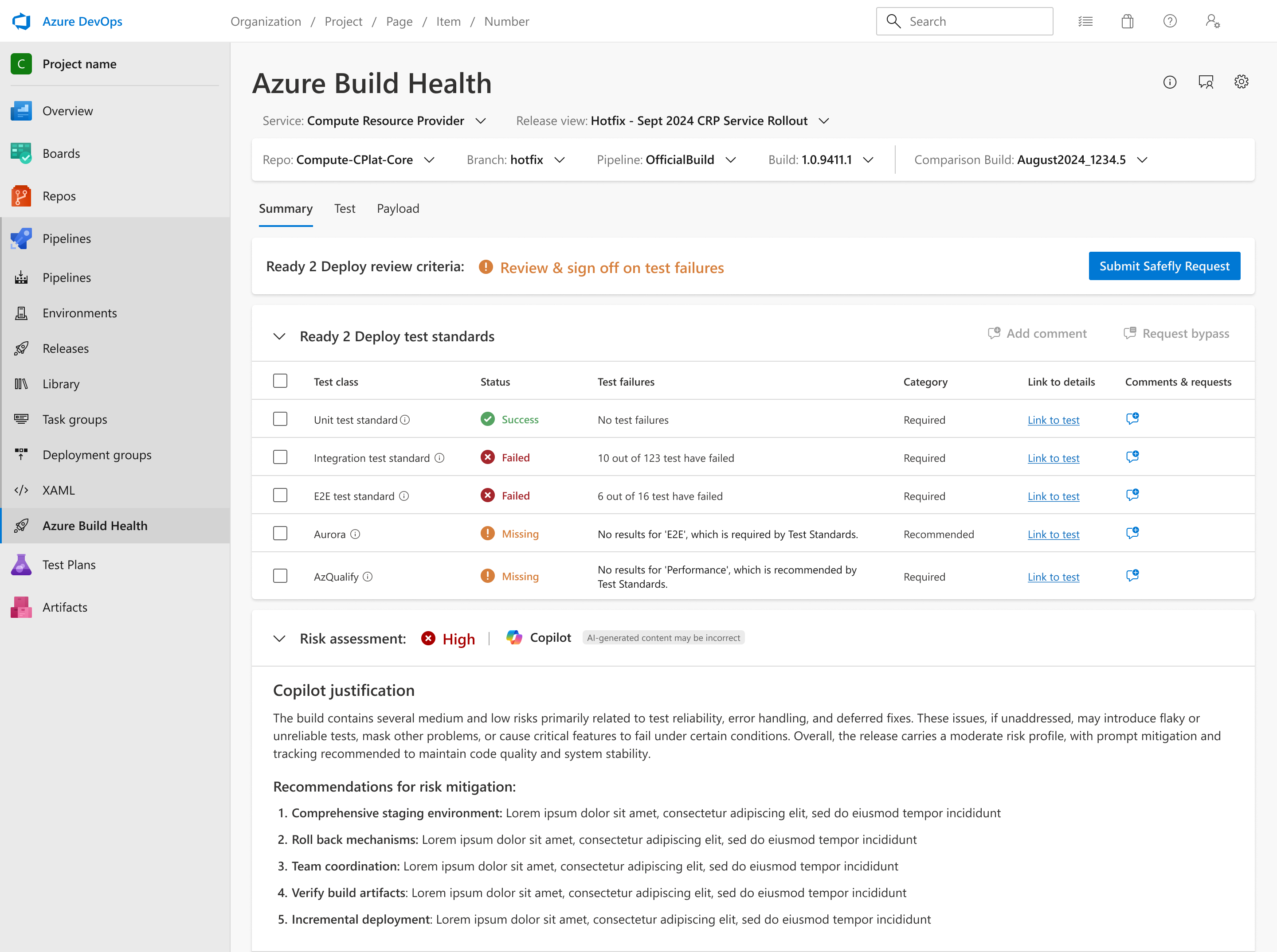 Azure Build Health AI-Generated Release Summary interface