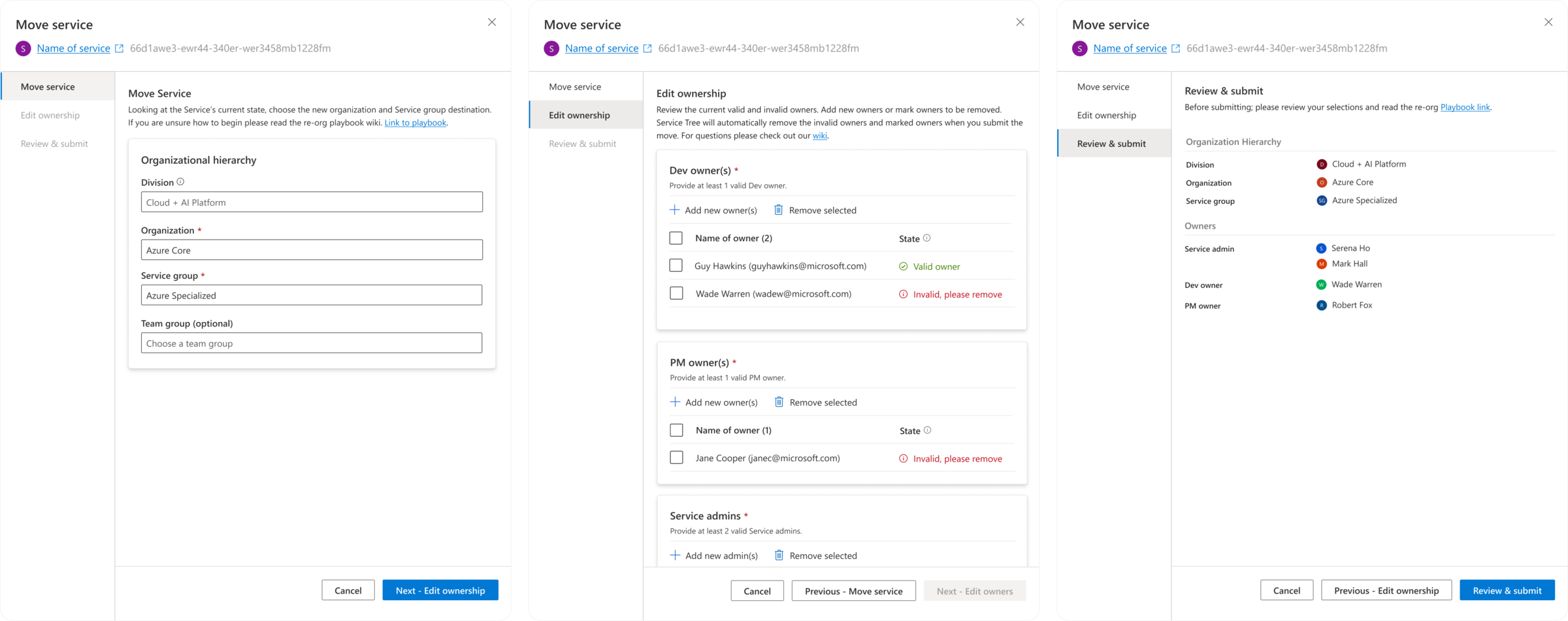 Step-by-step migration wizard — validated three-step flow with contextual warnings