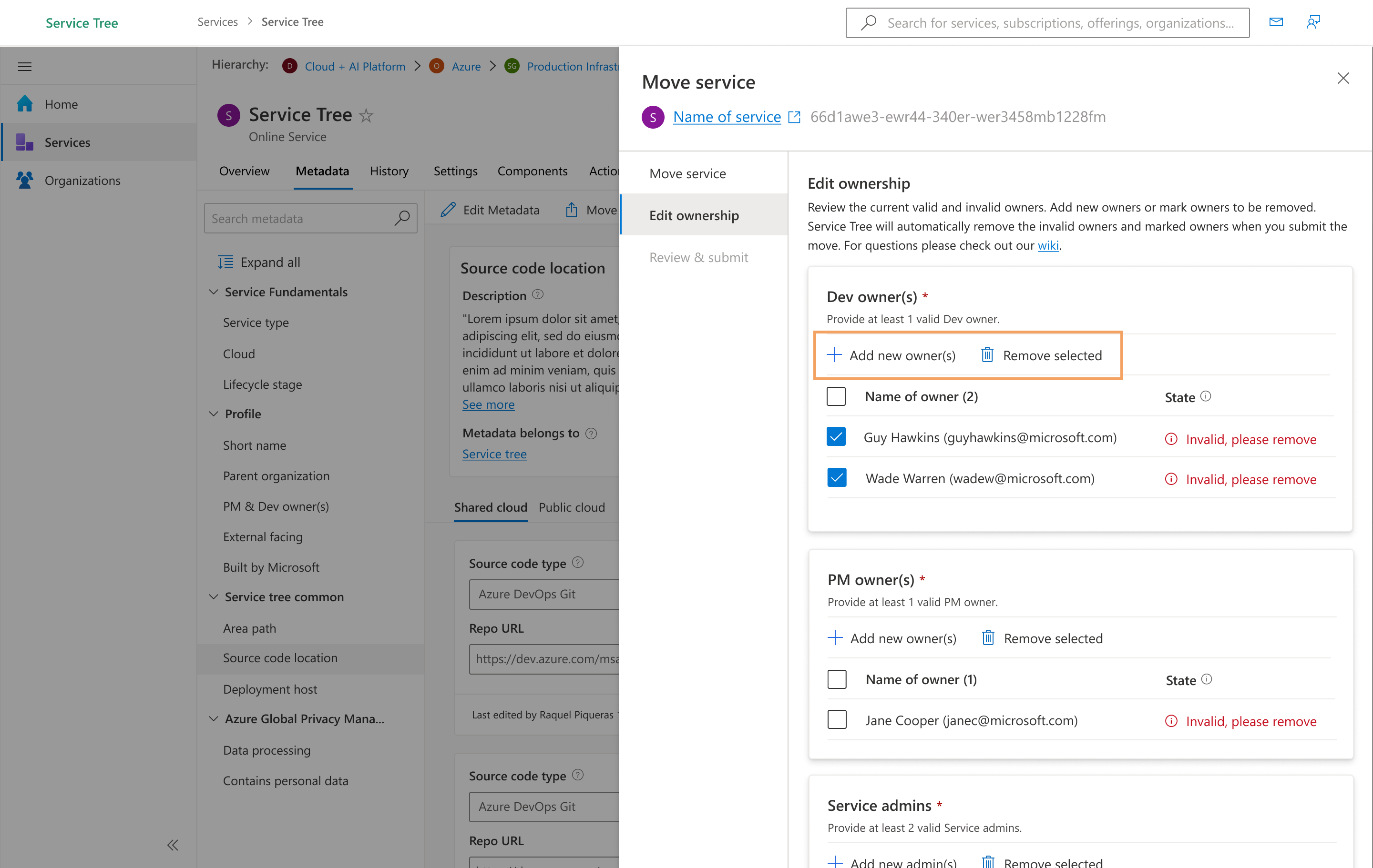Inline owner validation — active and inactive owners highlighted with suggested add/remove actions